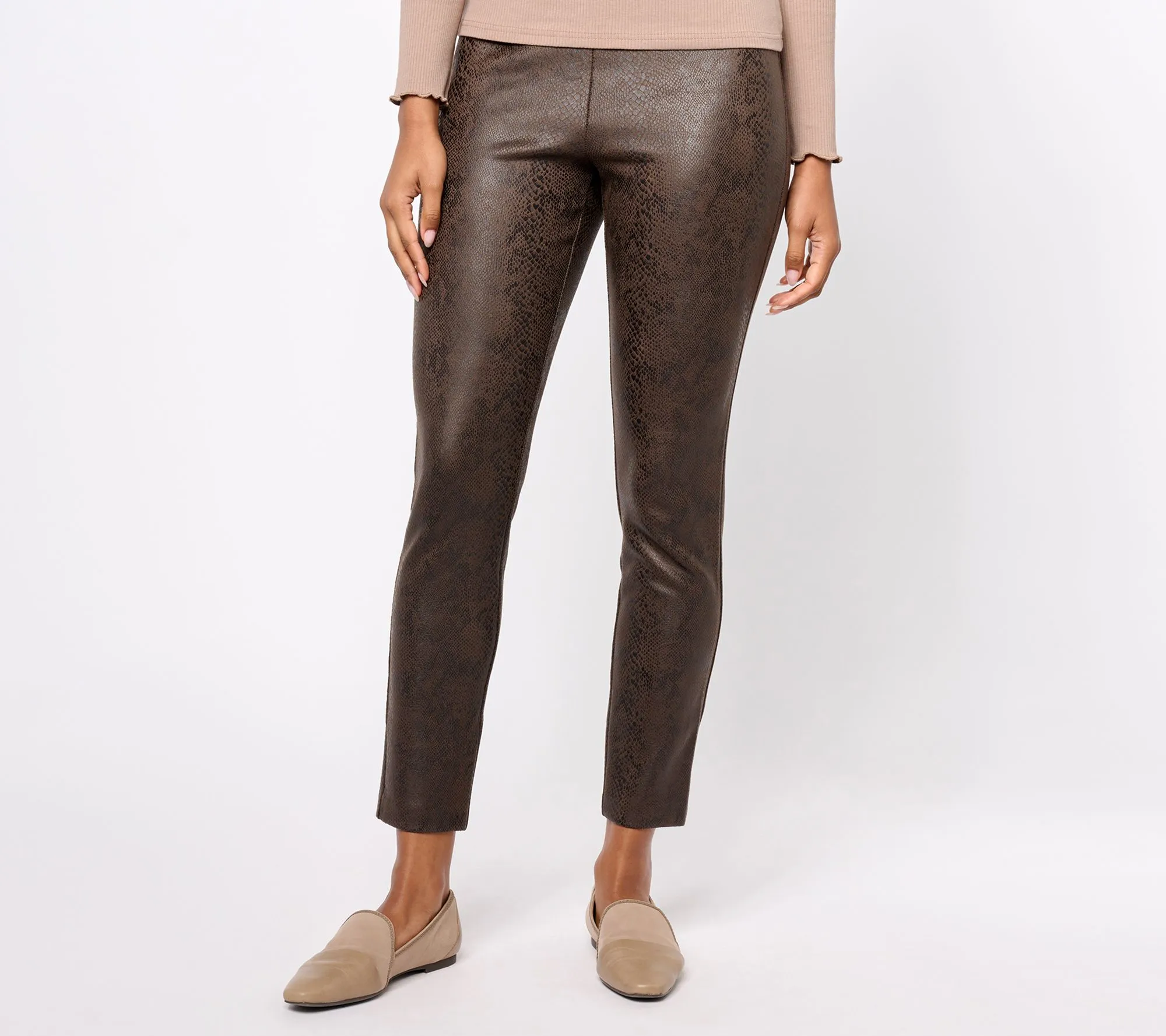 "As Is" Susan Graver Petite Printed Knit Faux Suede Leggings