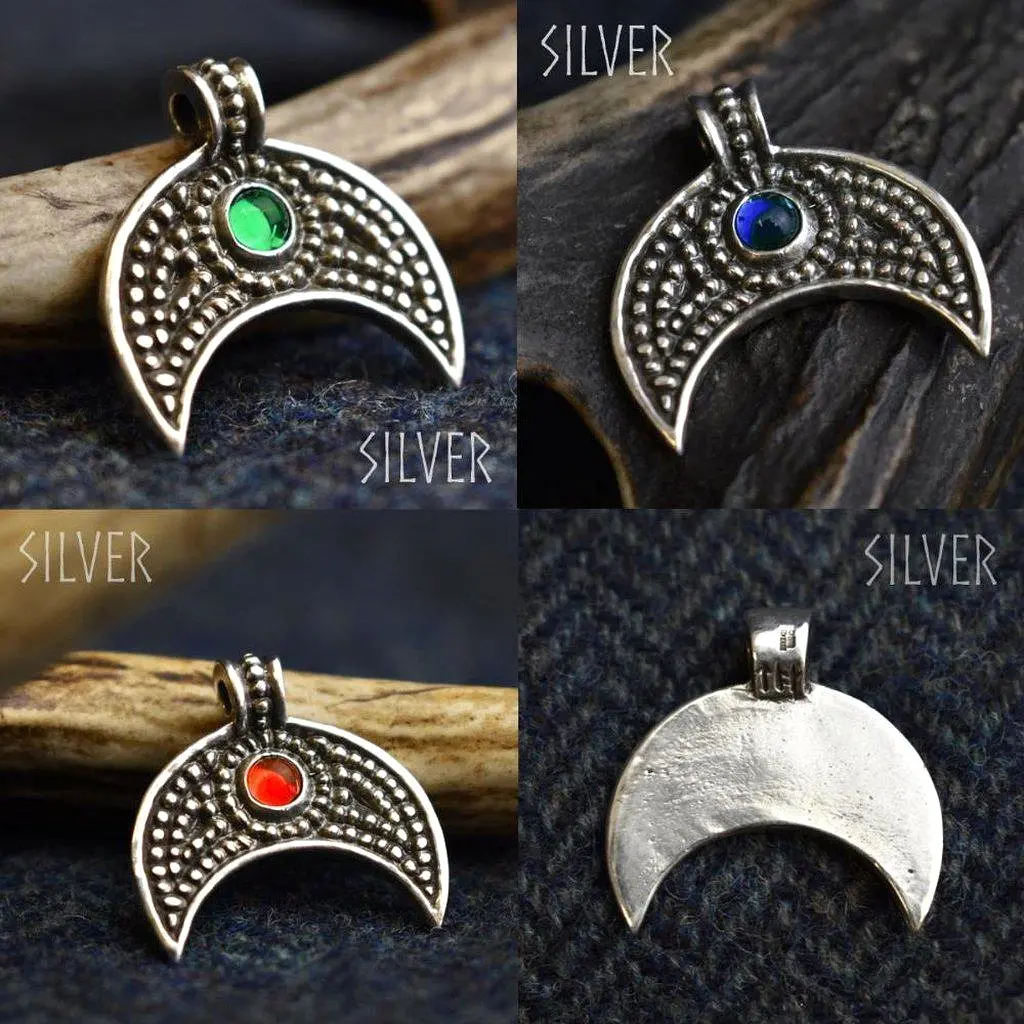 Asgard Lunular Pendant II – Pewter or Silver with Blue Green or Red Stone