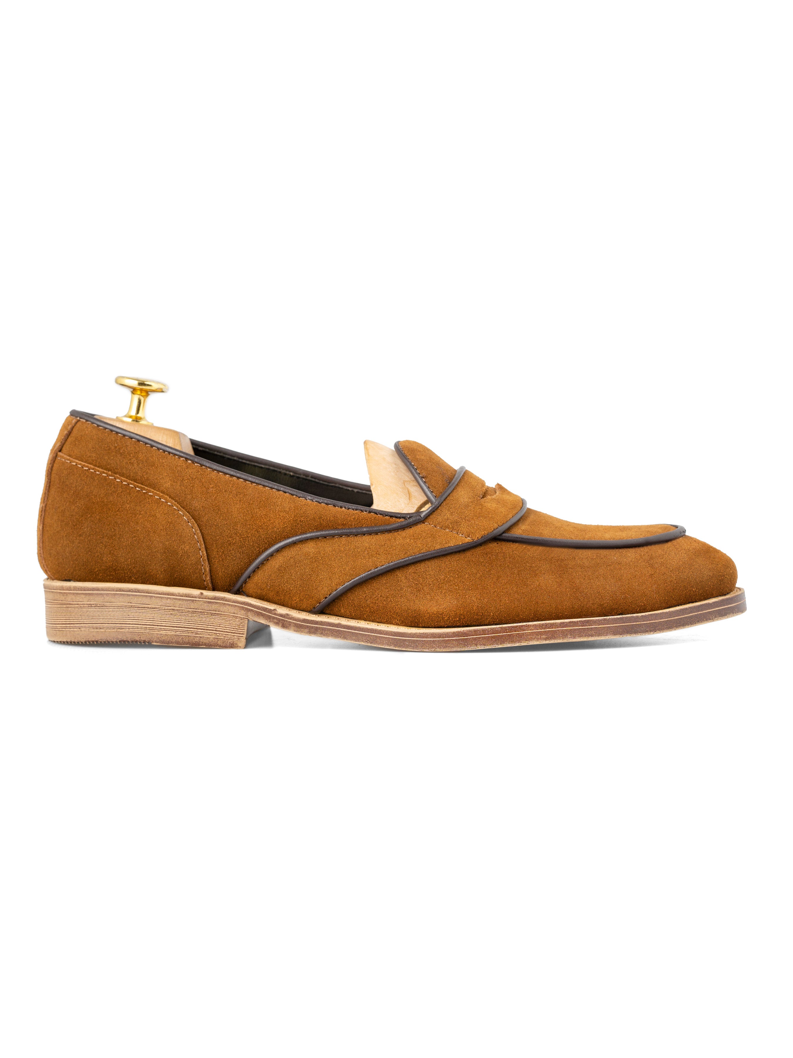 Belgian Loafer - Camel Suede Leather With Penny Strap Piping (Flexi-Sole)