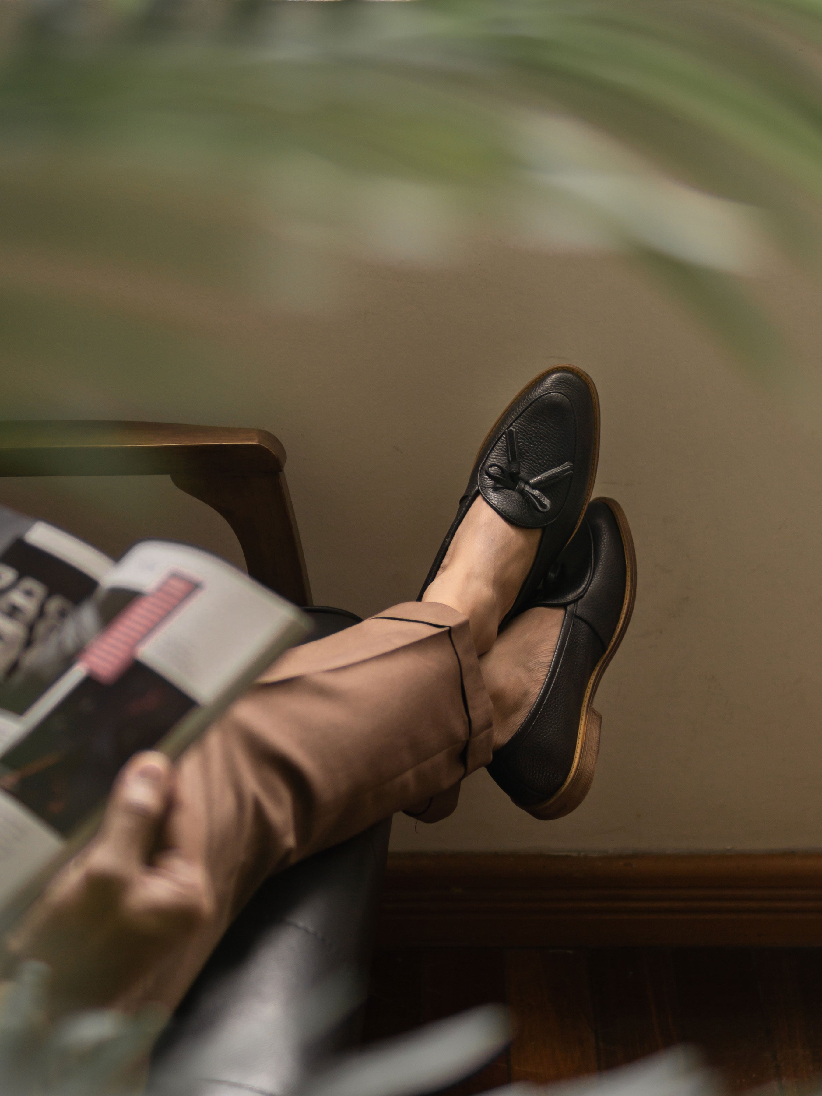 Belgian Loafer with Ribbon Tassel - Black Pebble Grain Leather (Flexi-Sole)