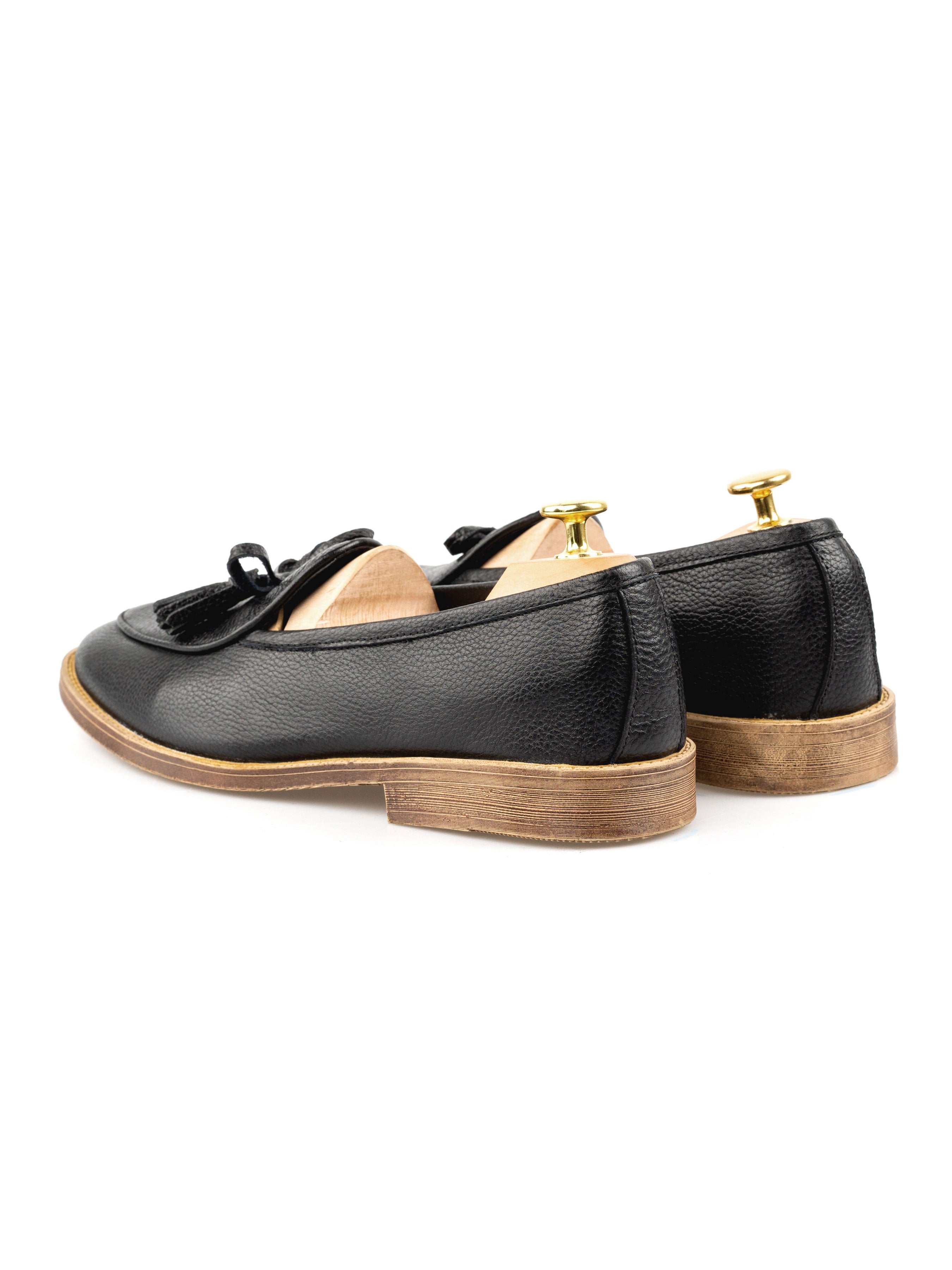 Belgian Loafer with Ribbon Tassel - Black Pebble Grain Leather (Flexi-Sole)