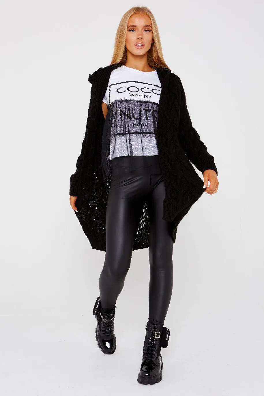 Chunky Cable Hooded Black Cardigan