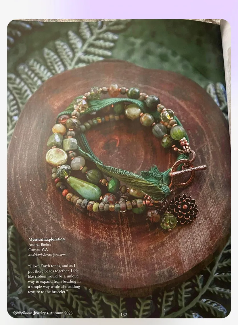 Czech glass, green silk ribbon, mixed earthy colors and copper metal bracelet. As seen in Belle Armoire magazine 2023.