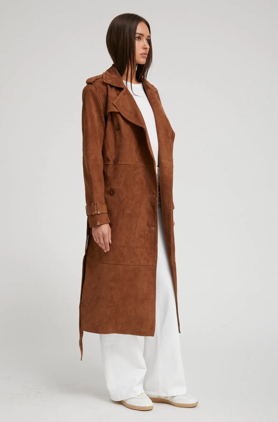 Dark Cognac Suede Trench Coat