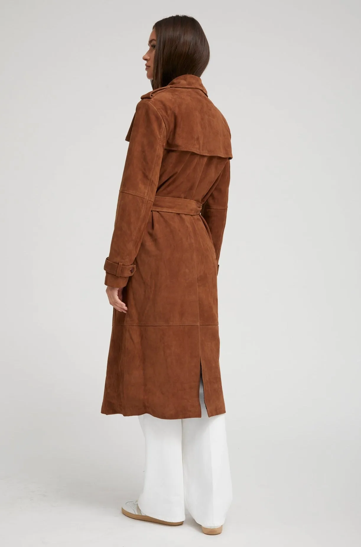 Dark Cognac Suede Trench Coat