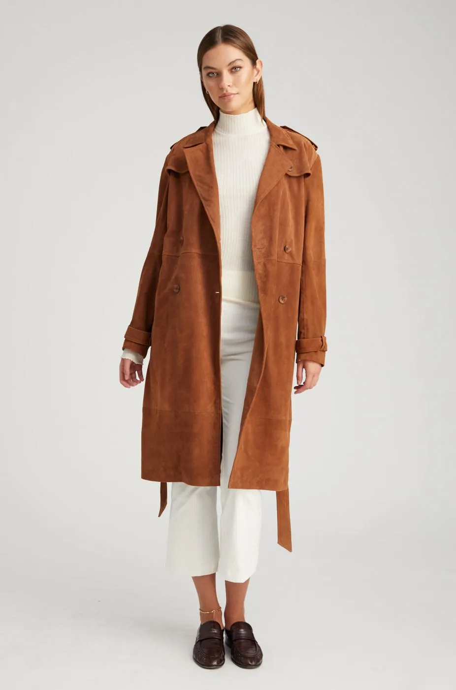 Dark Cognac Suede Trench Coat