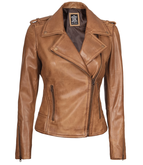 Kirsten Women's Asymmetrical Camel Brown Real Leather Jacket