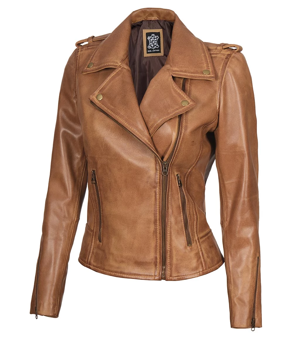 Kirsten Women's Asymmetrical Camel Brown Real Leather Jacket