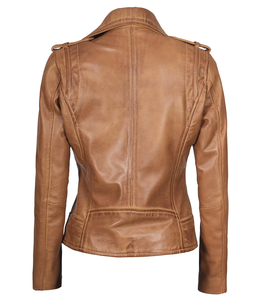 Kirsten Women's Asymmetrical Camel Brown Real Leather Jacket