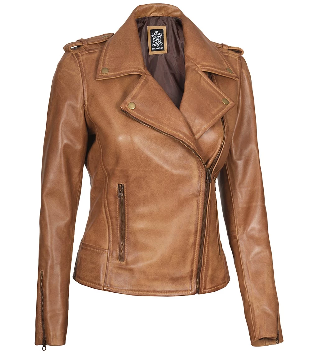 Kirsten Women's Asymmetrical Camel Brown Real Leather Jacket