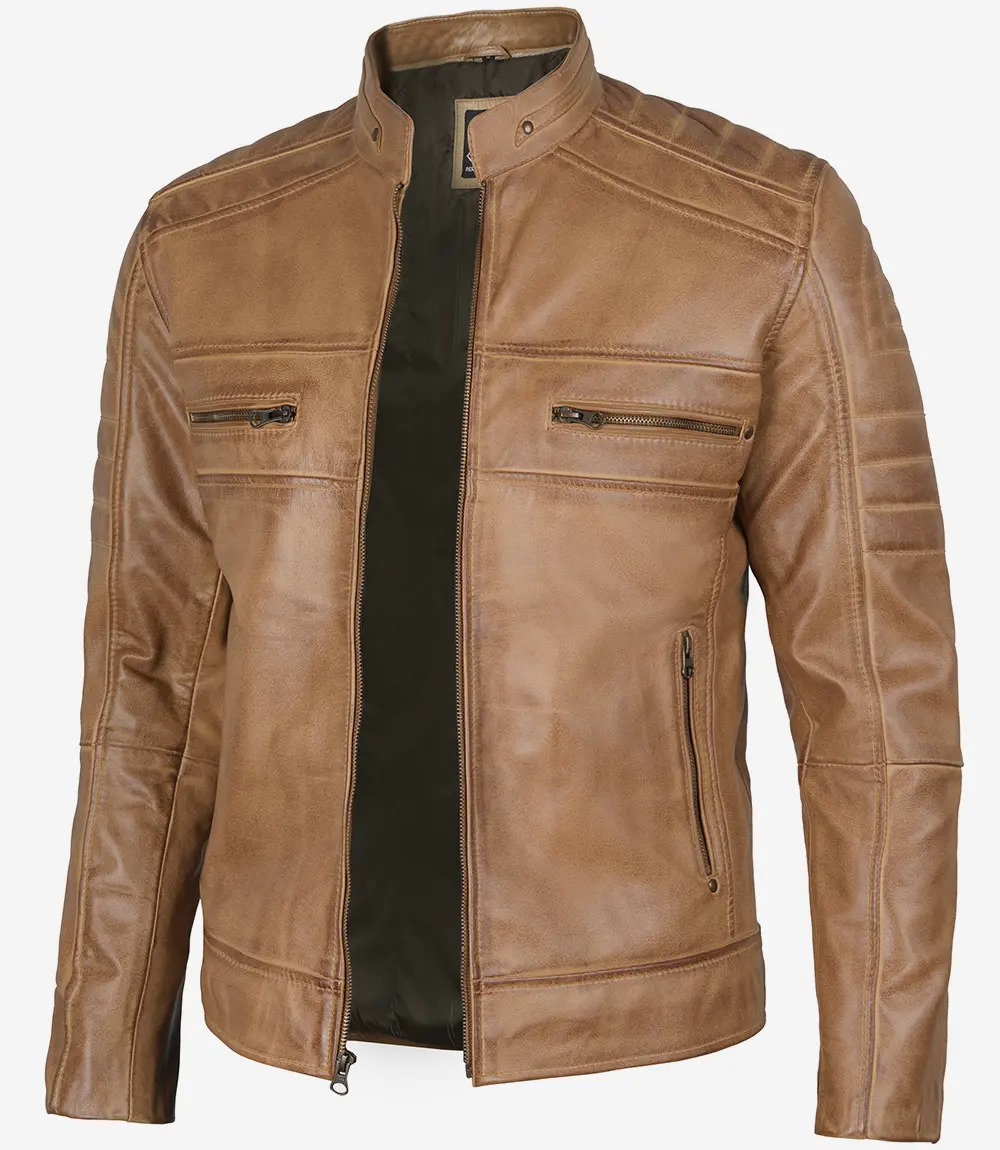 Men's Distressed Tan Cafe Racer Real Leather Jacket