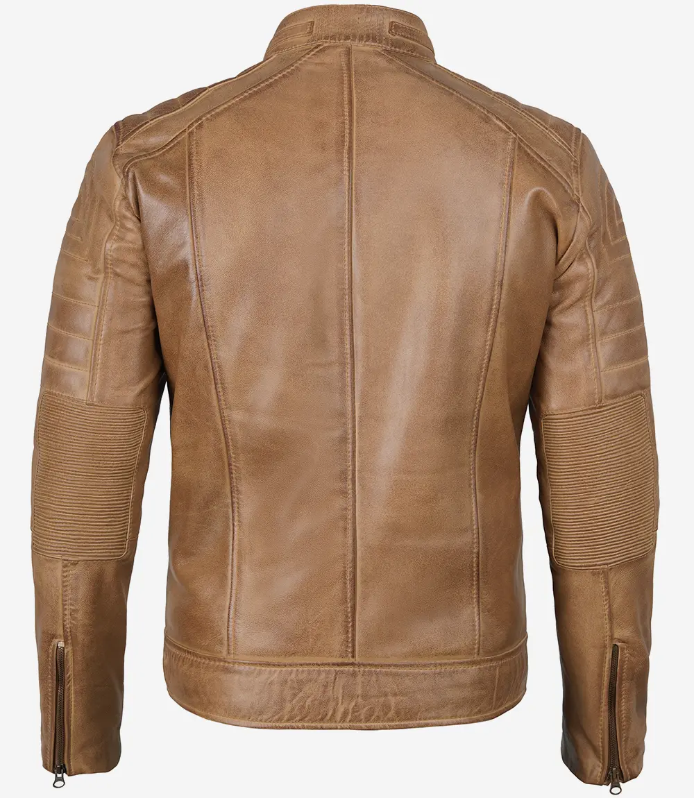 Men's Distressed Tan Cafe Racer Real Leather Jacket