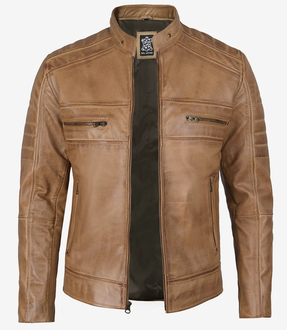 Men's Distressed Tan Cafe Racer Real Leather Jacket