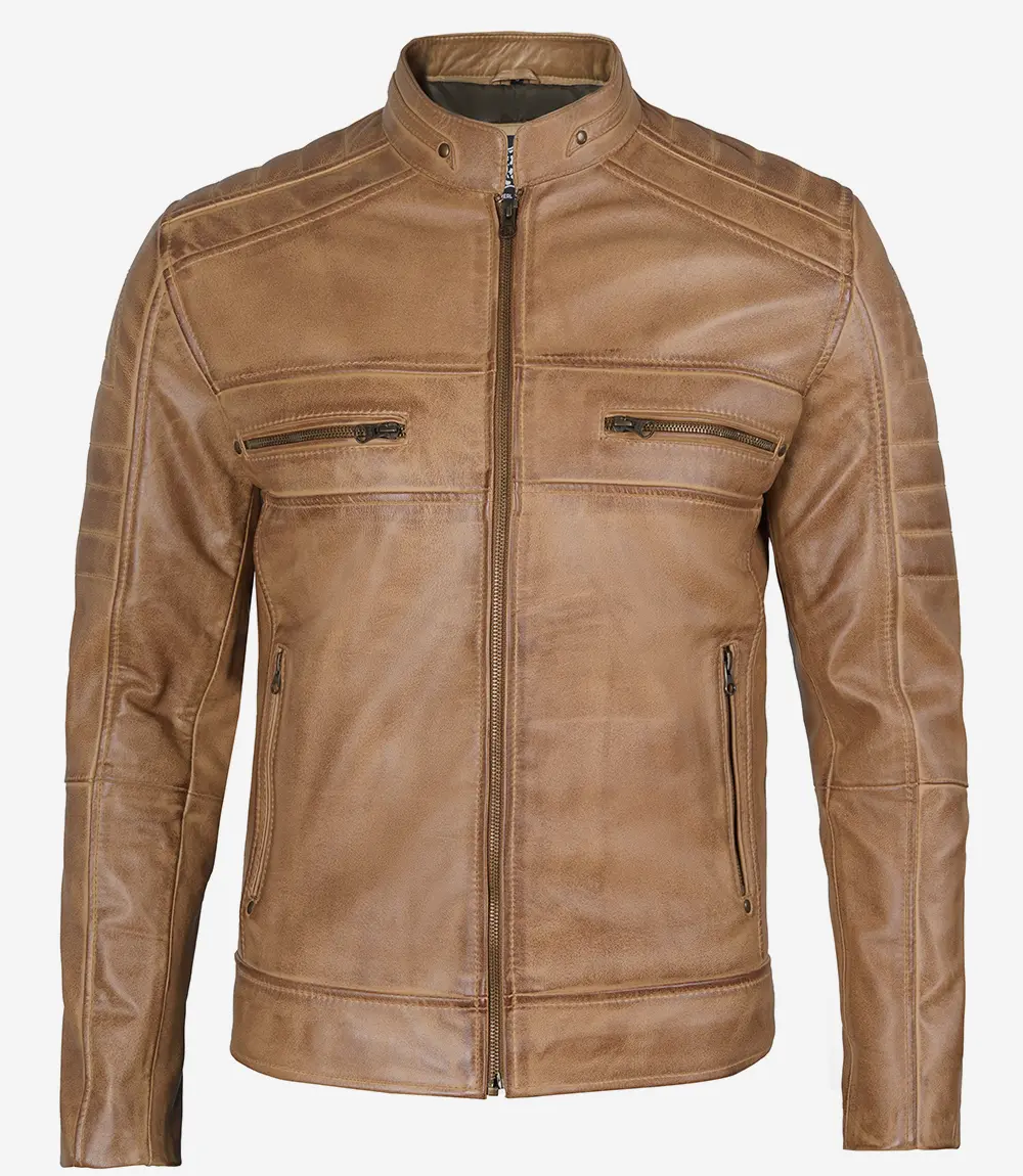 Men's Distressed Tan Cafe Racer Real Leather Jacket