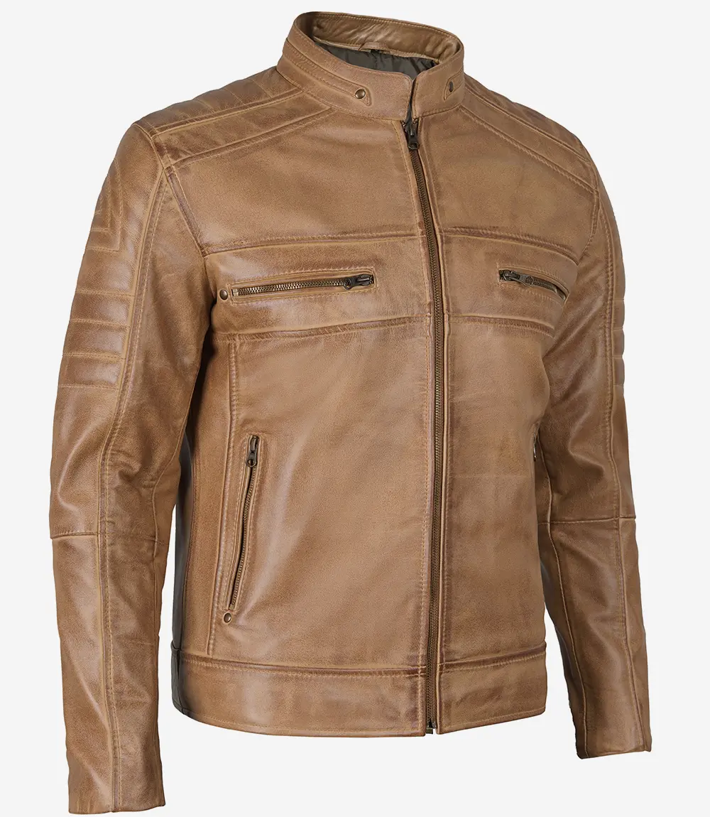 Men's Distressed Tan Cafe Racer Real Leather Jacket