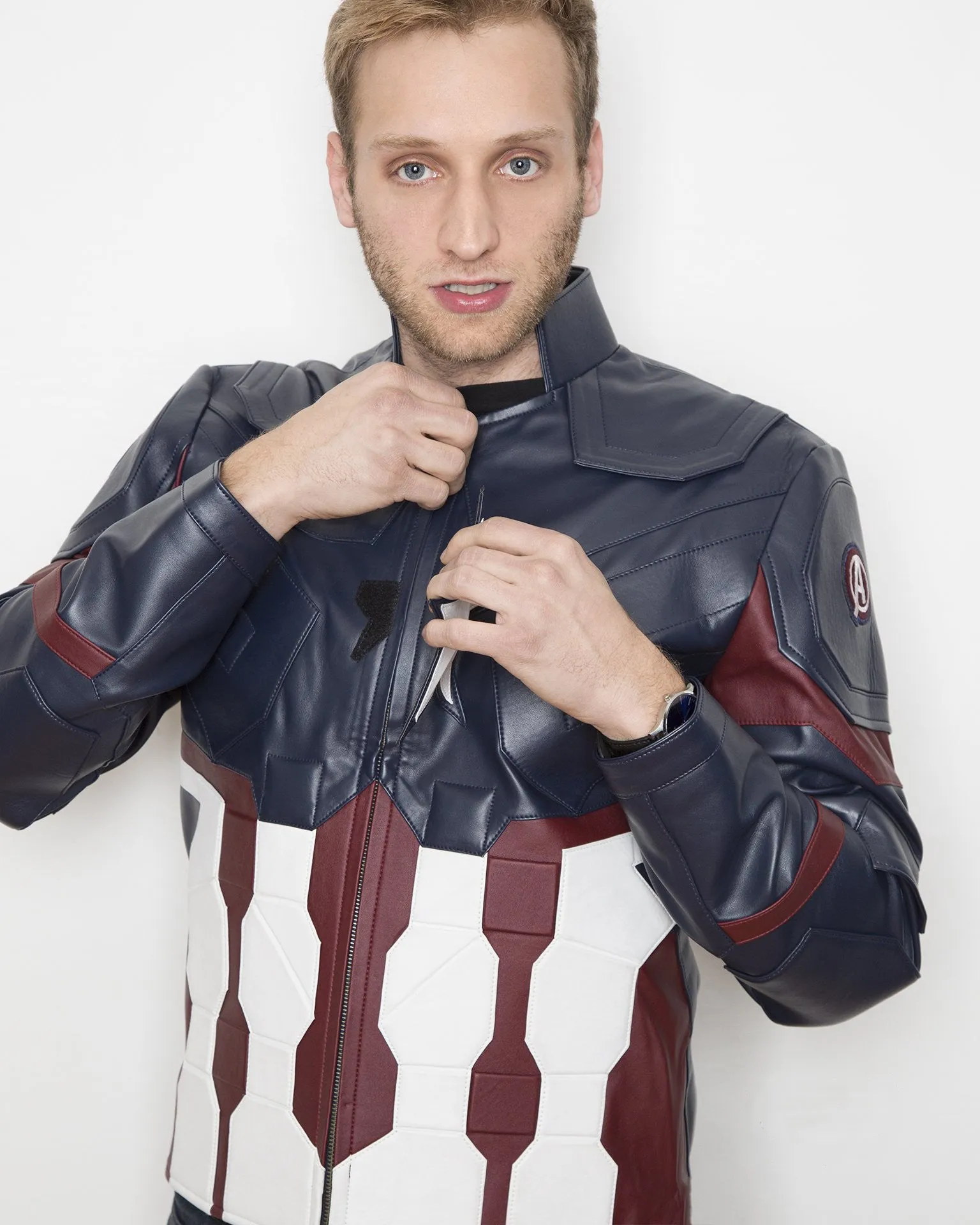 Mens Captain Star Spangled Red White Blue America Leather Jacket - Luca Designs