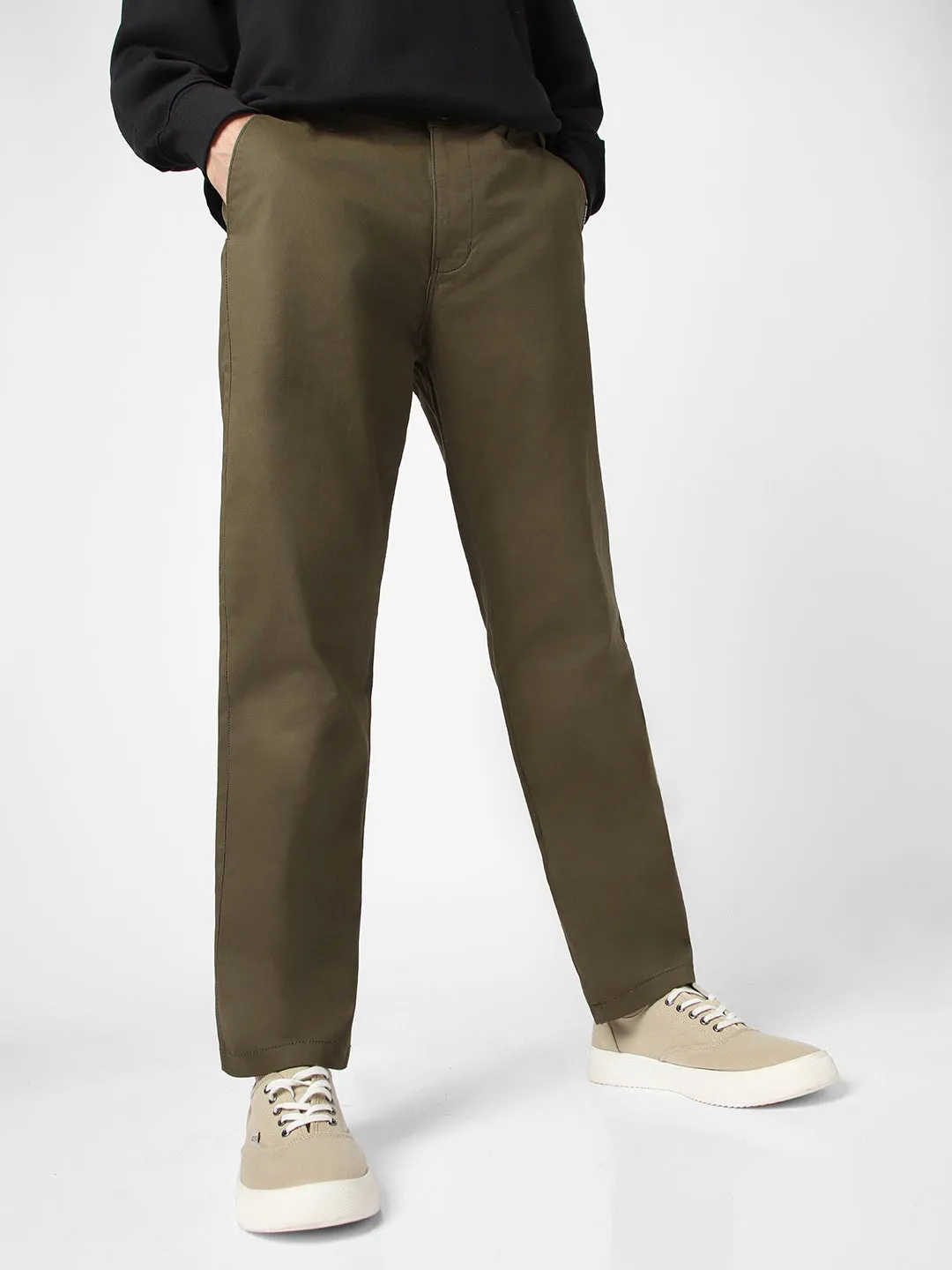 Men's Olive Green Cotton Regular Fit Casual Chinos Trousers Stretch