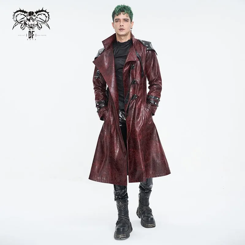 Men's Punk Stand Collar Multi-buckle Faux Leather Coat Red