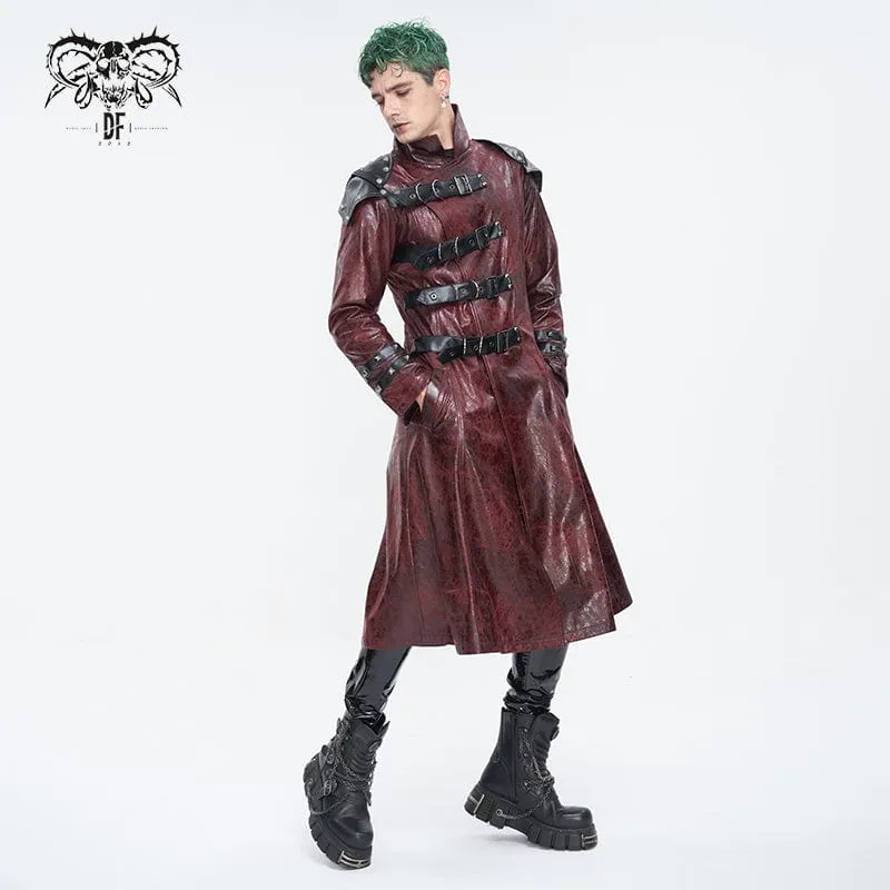 Men's Punk Stand Collar Multi-buckle Faux Leather Coat Red