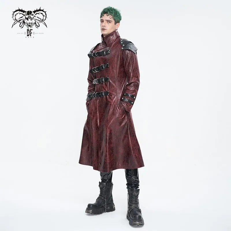 Men's Punk Stand Collar Multi-buckle Faux Leather Coat Red