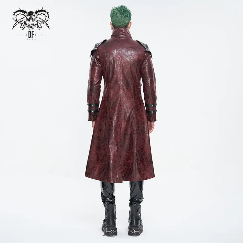 Men's Punk Stand Collar Multi-buckle Faux Leather Coat Red