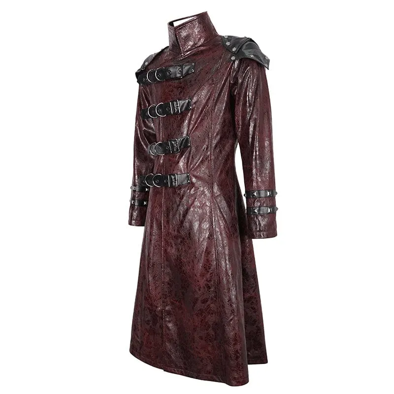 Men's Punk Stand Collar Multi-buckle Faux Leather Coat Red