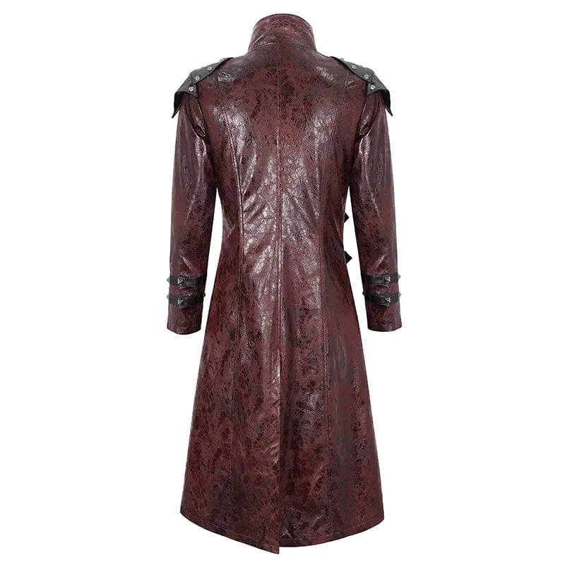 Men's Punk Stand Collar Multi-buckle Faux Leather Coat Red