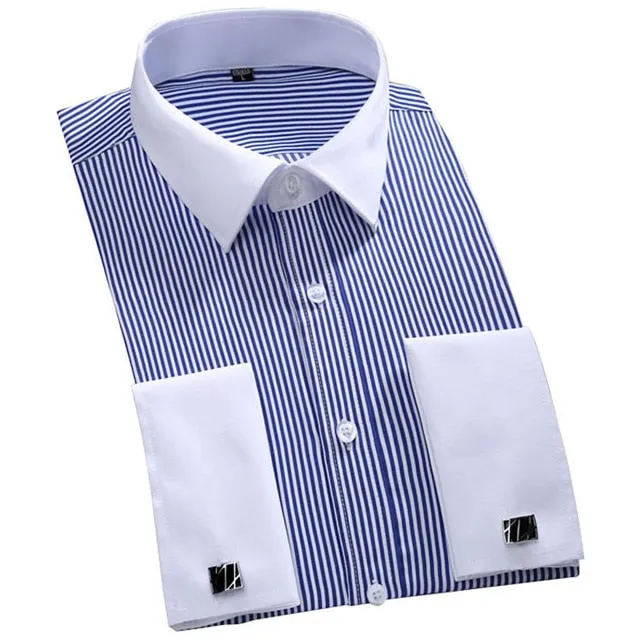 Men's Striped Long Sleeve Classic French Cuffs Single Patch Pocket Shirt