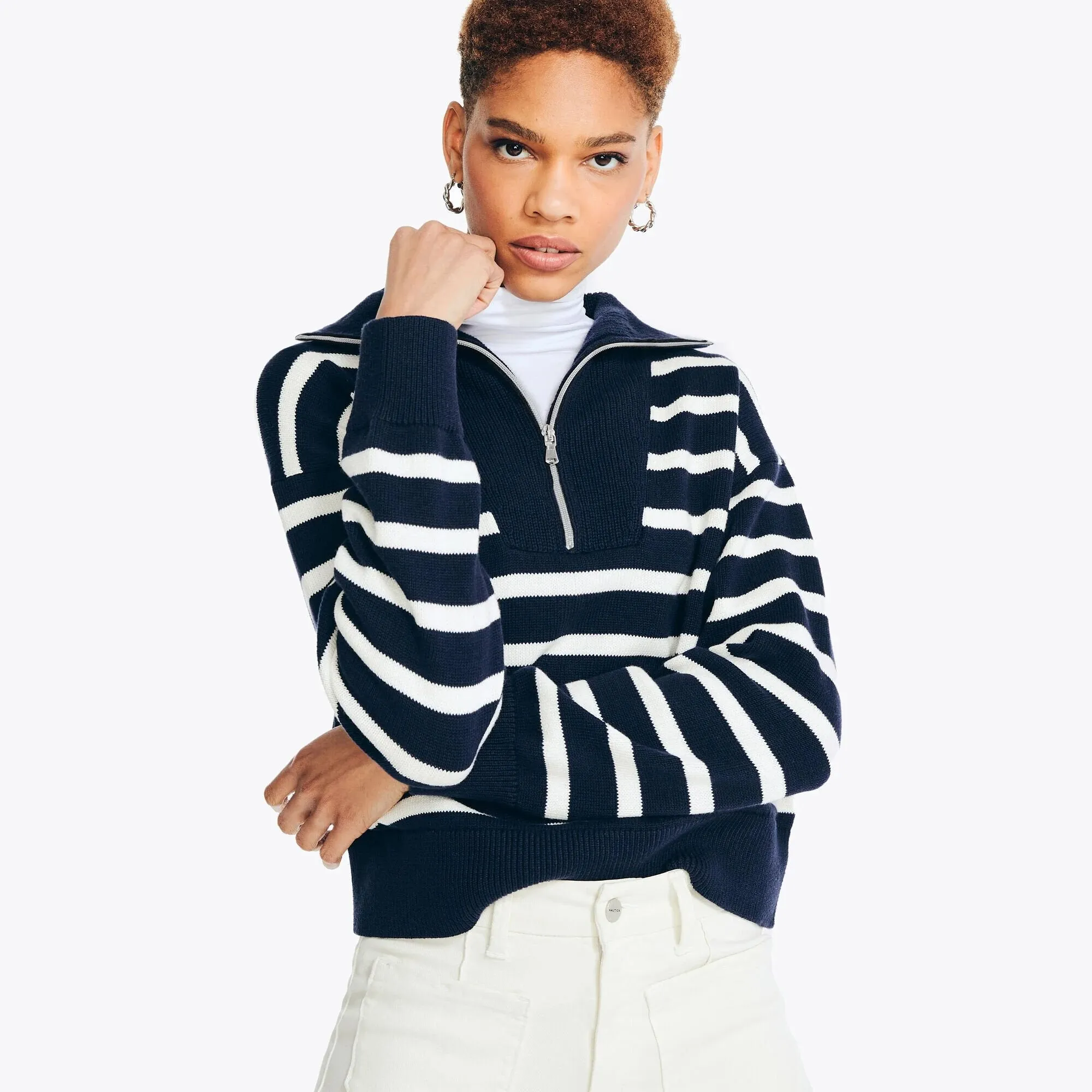 Nautica Women's Quarter-Zip Striped Sweater Stellar Blue Heather