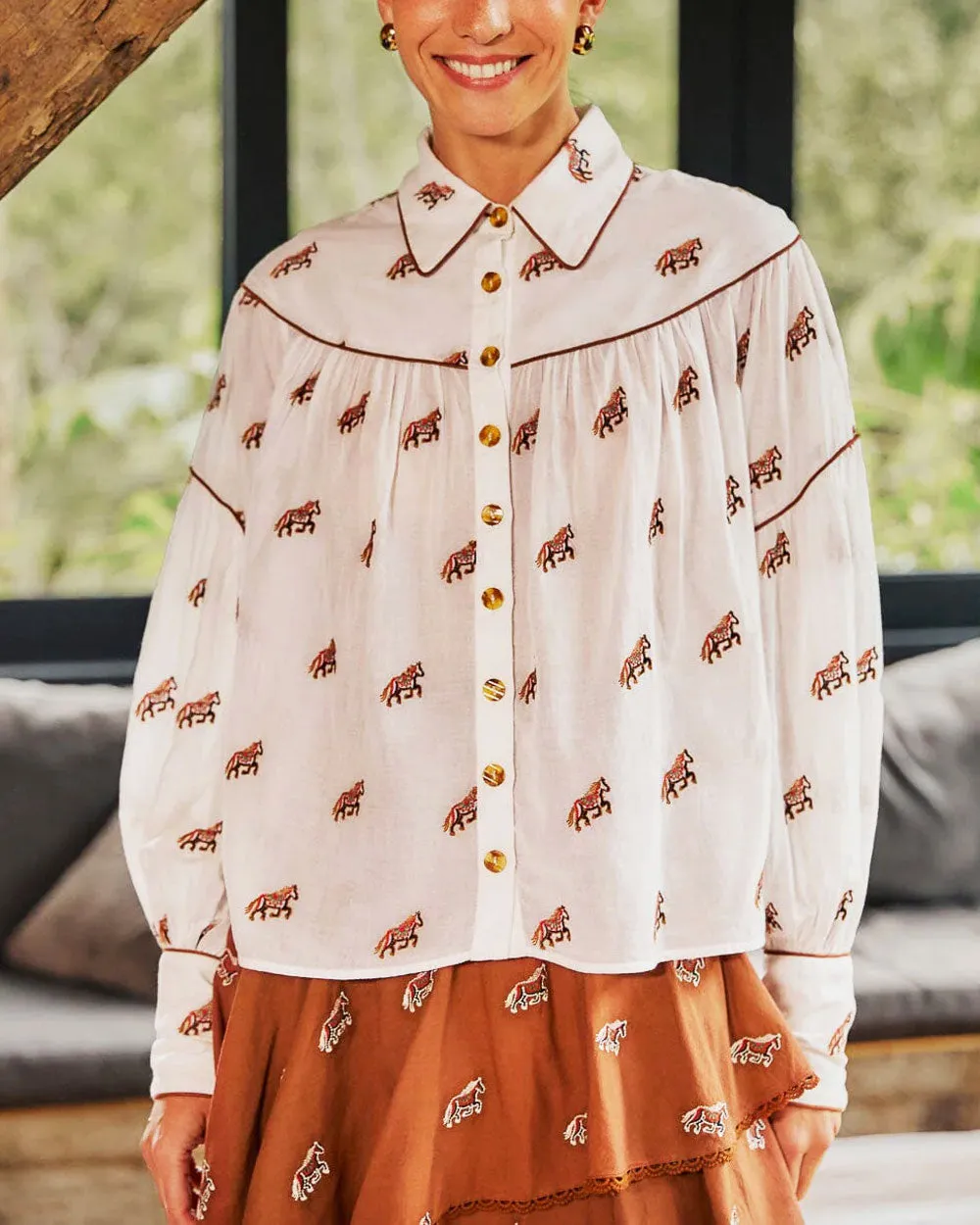 Off-White Embroidered Horses Long Sleeve Blouse