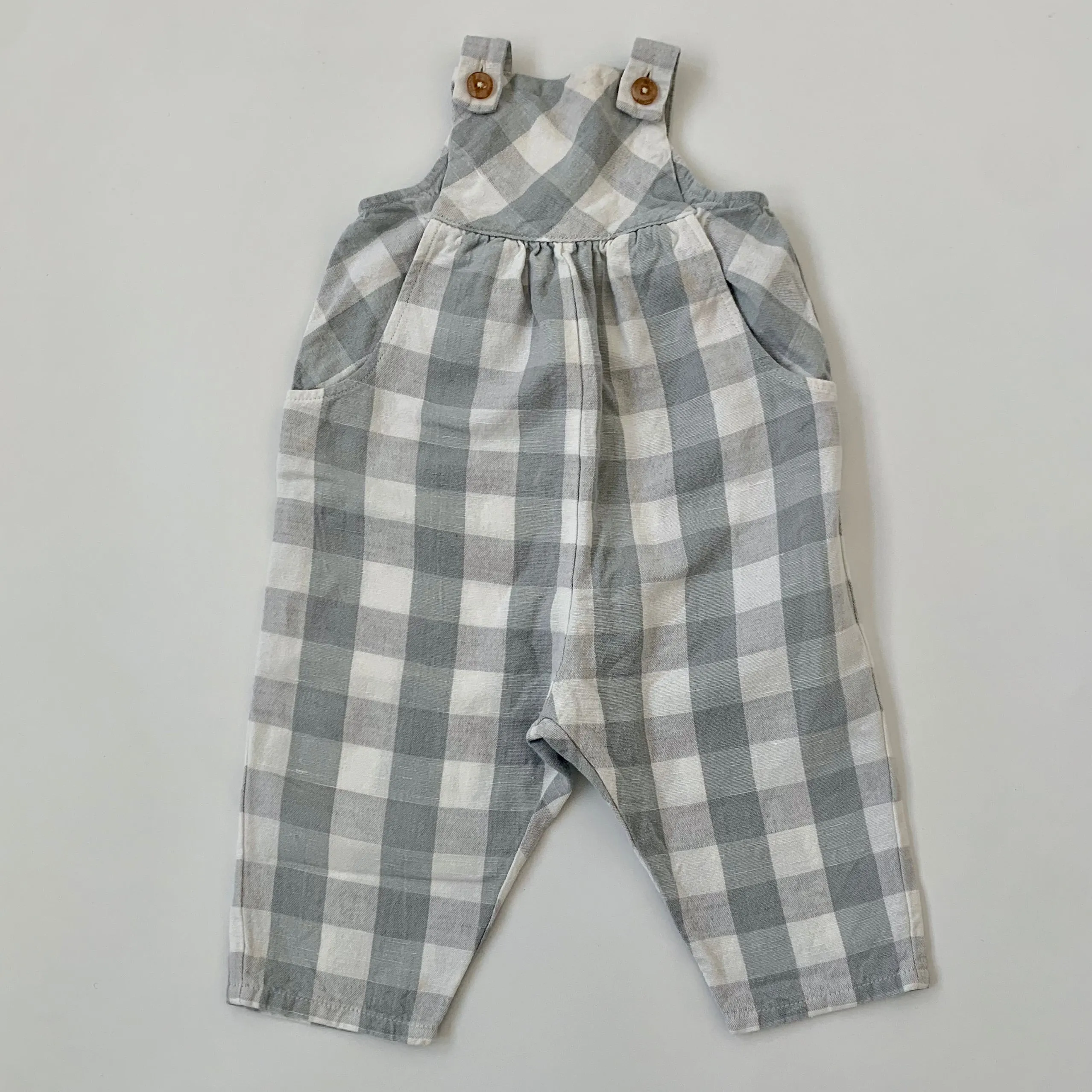 Olivier Grey And White Check Linen Romper: 6-12 Months