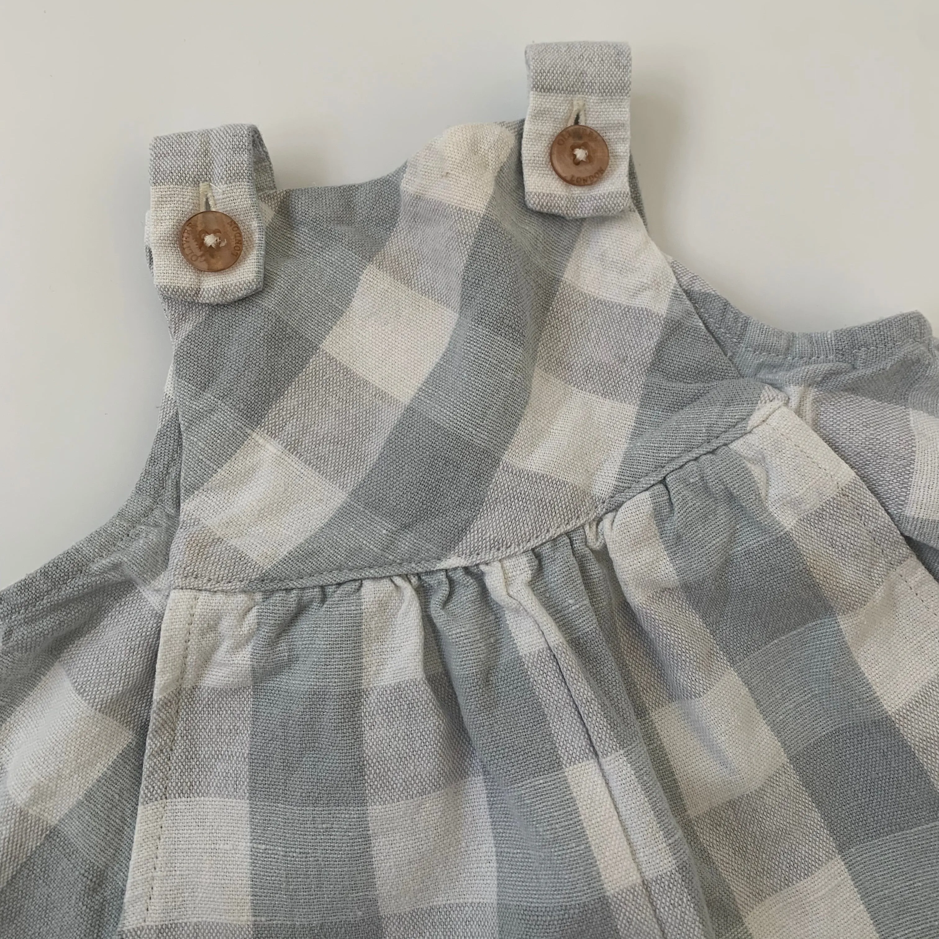 Olivier Grey And White Check Linen Romper: 6-12 Months