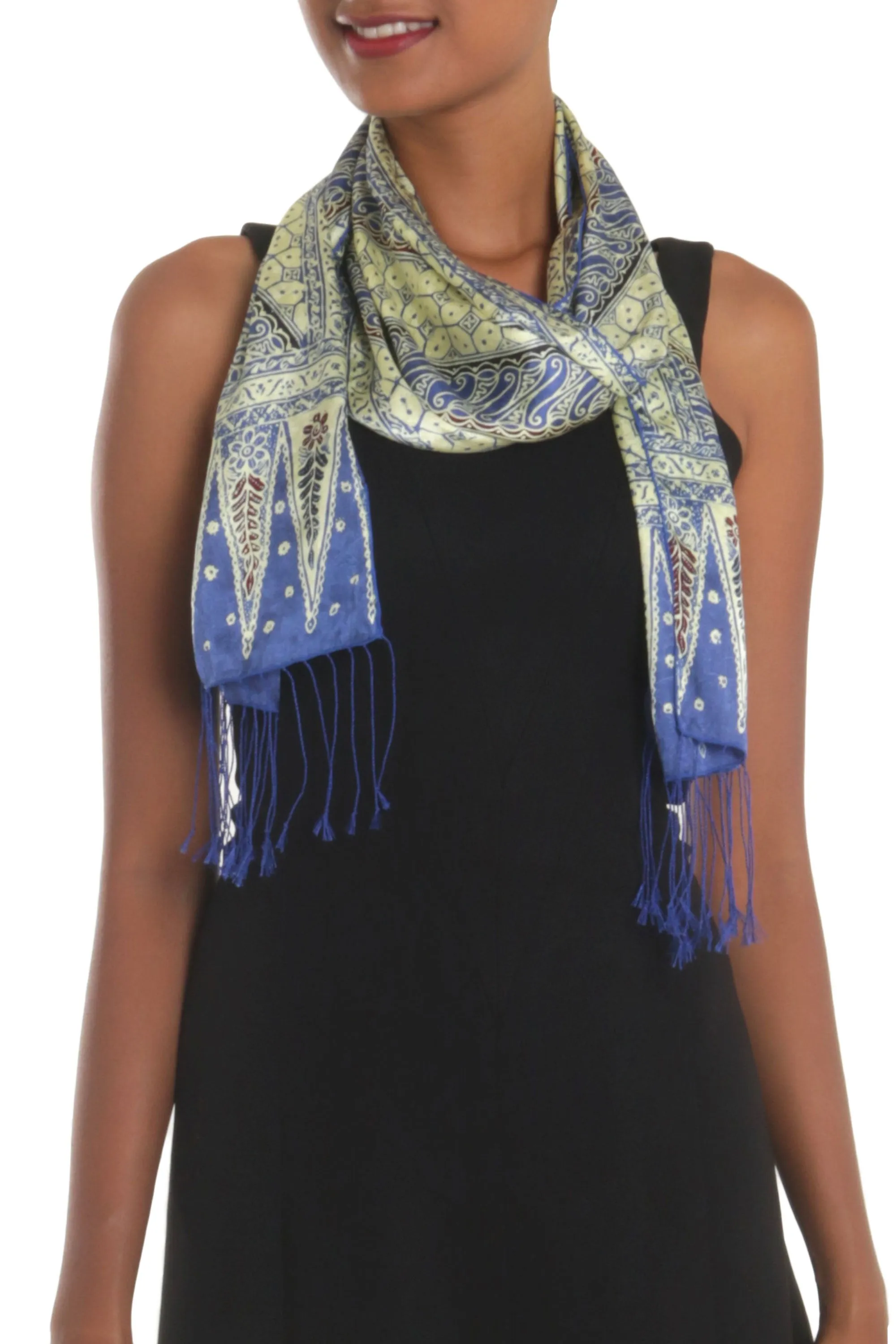 Parang World in Indigo Batik Silk Scarf with Parang Motifs in Indigo from Bali