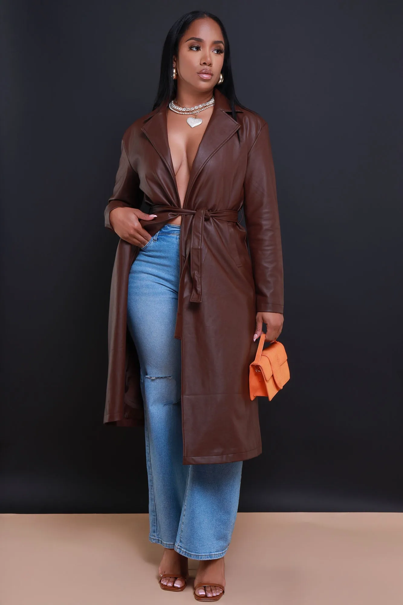 Pay To See It Faux Leather Belted Trenchcoat - Brown