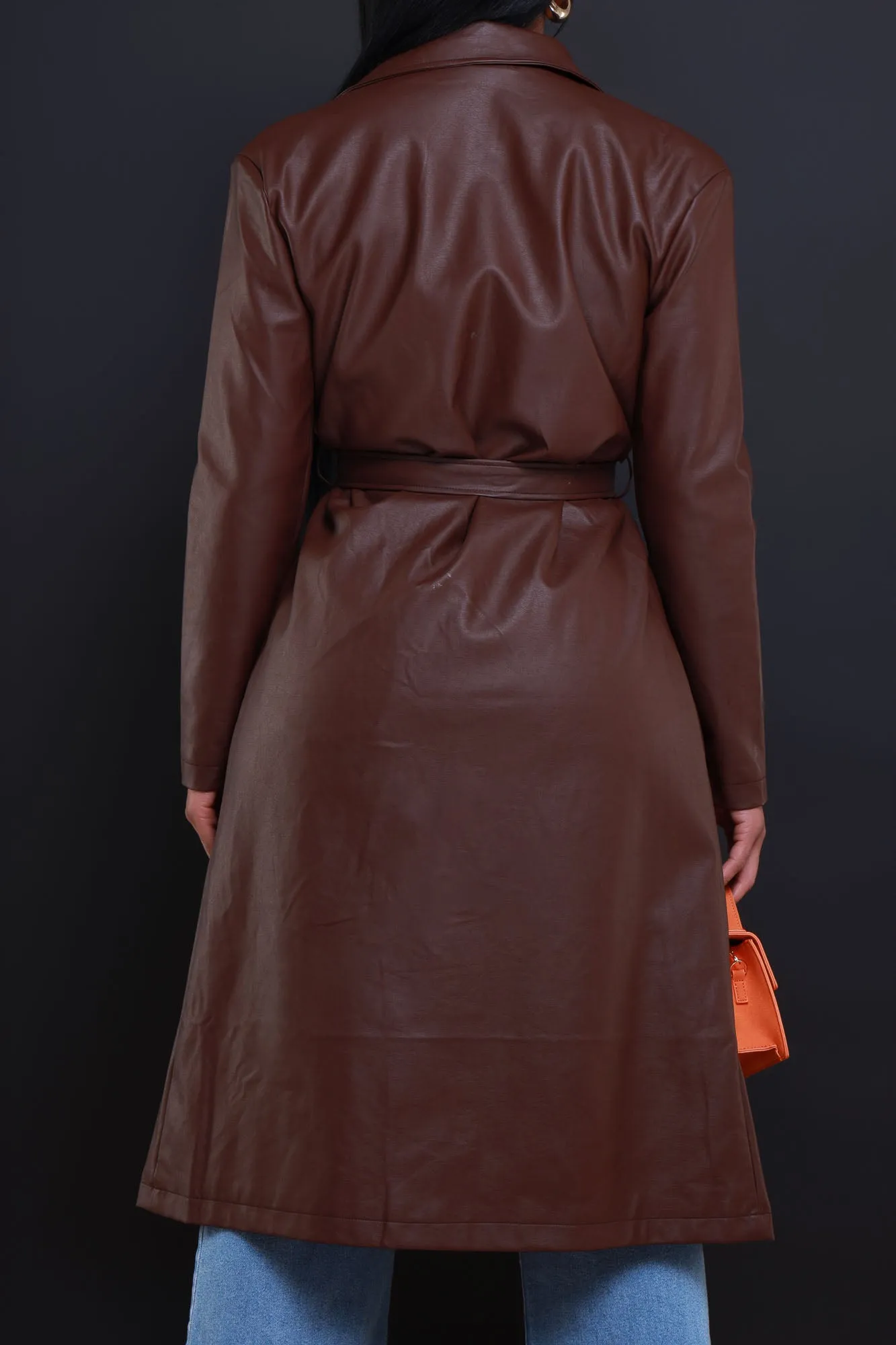 Pay To See It Faux Leather Belted Trenchcoat - Brown