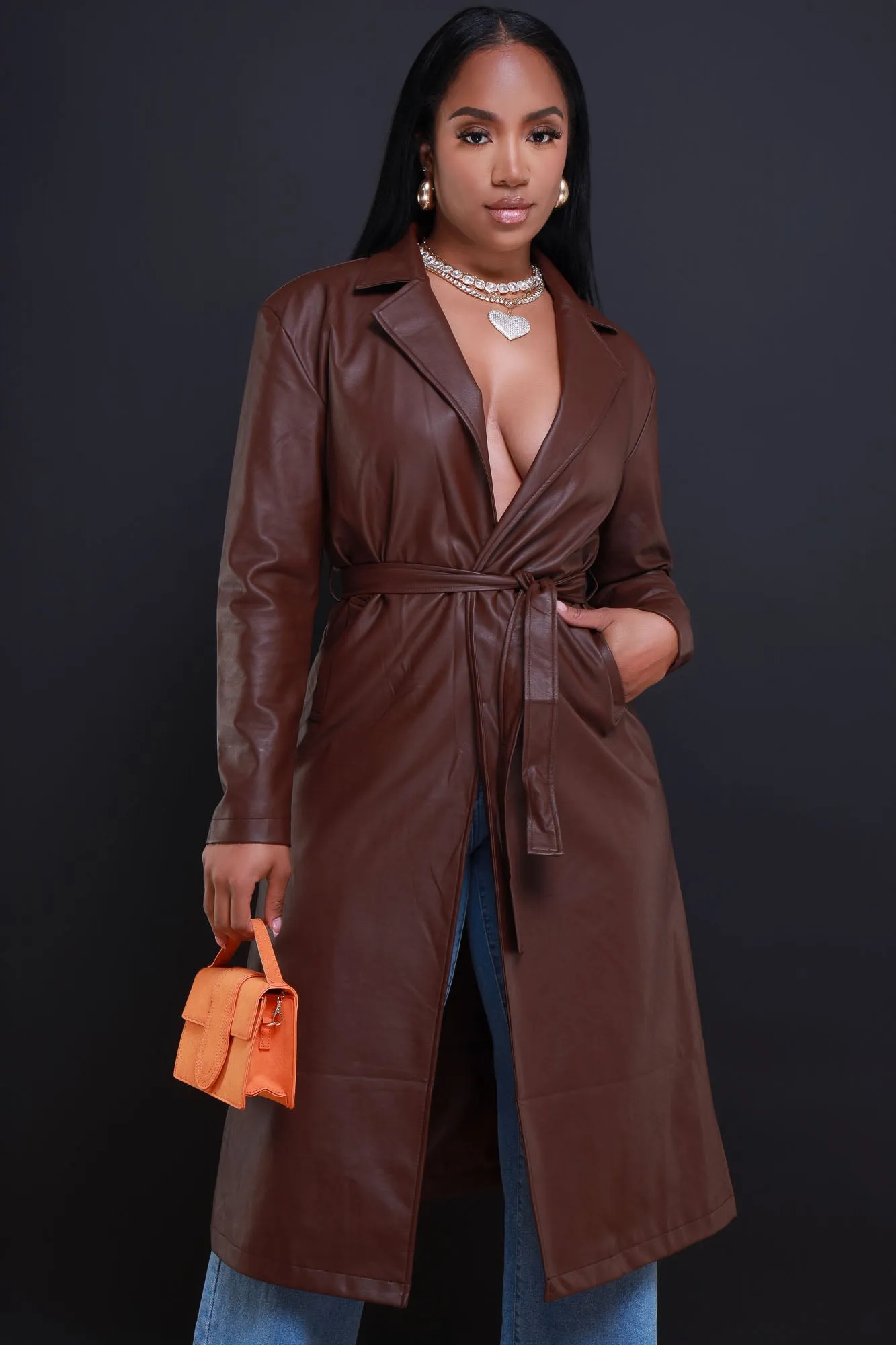 Pay To See It Faux Leather Belted Trenchcoat - Brown