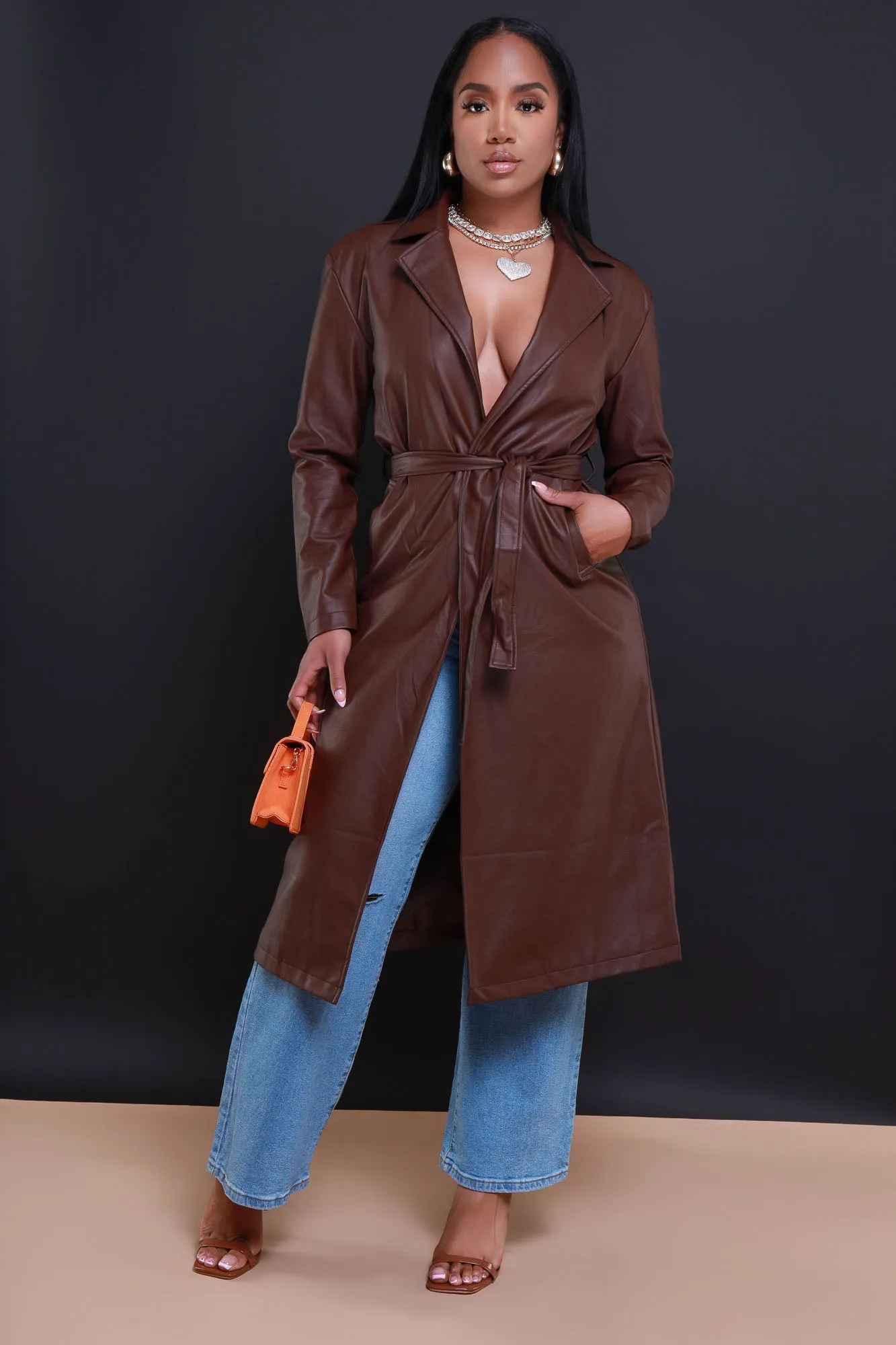 Pay To See It Faux Leather Belted Trenchcoat - Brown