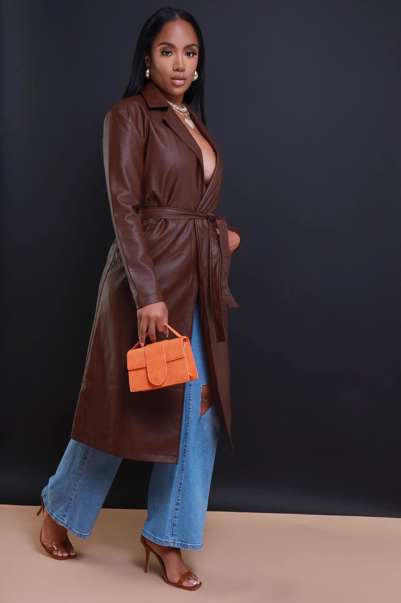 Pay To See It Faux Leather Belted Trenchcoat - Brown