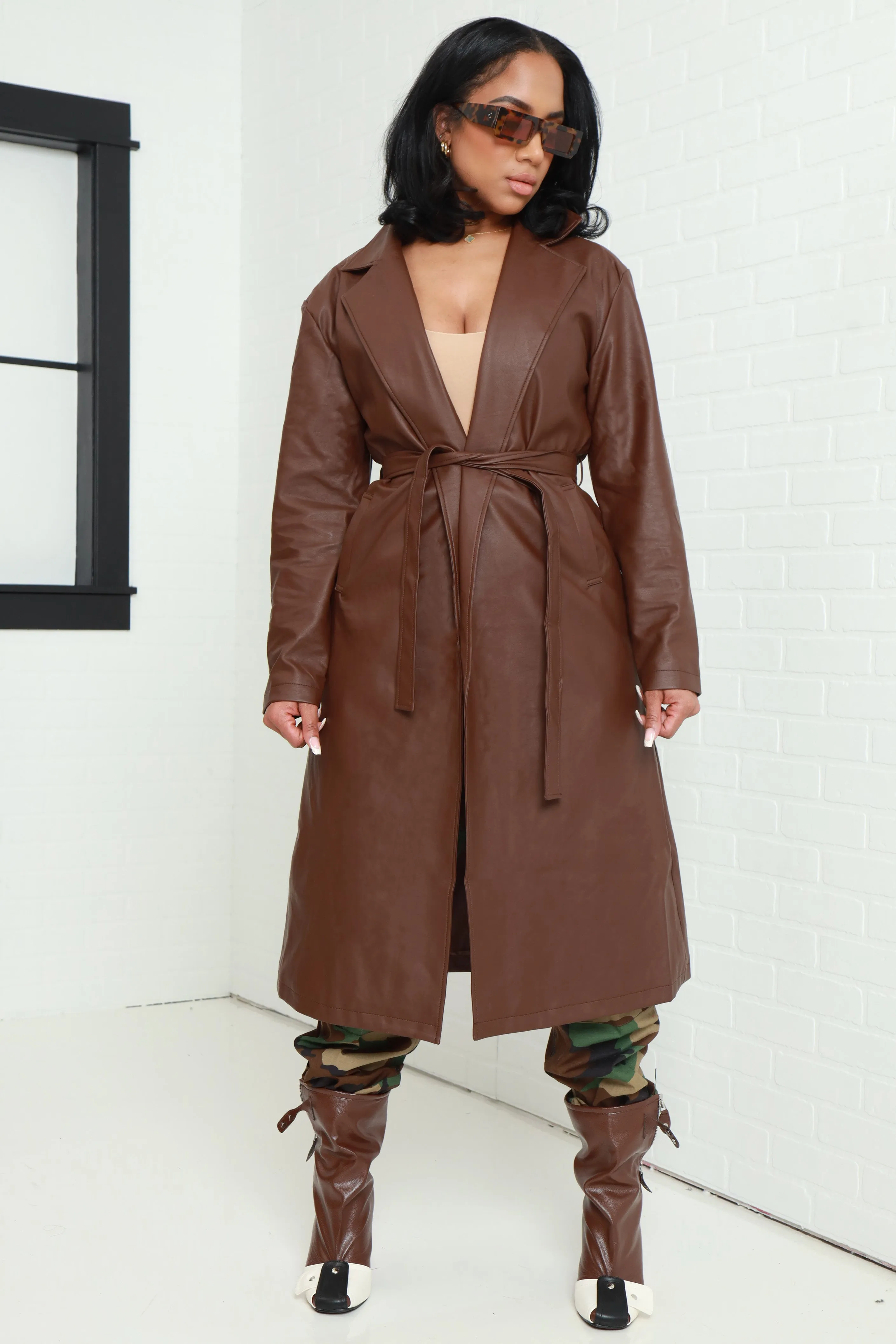 Pay To See It Faux Leather Belted Trenchcoat - Brown