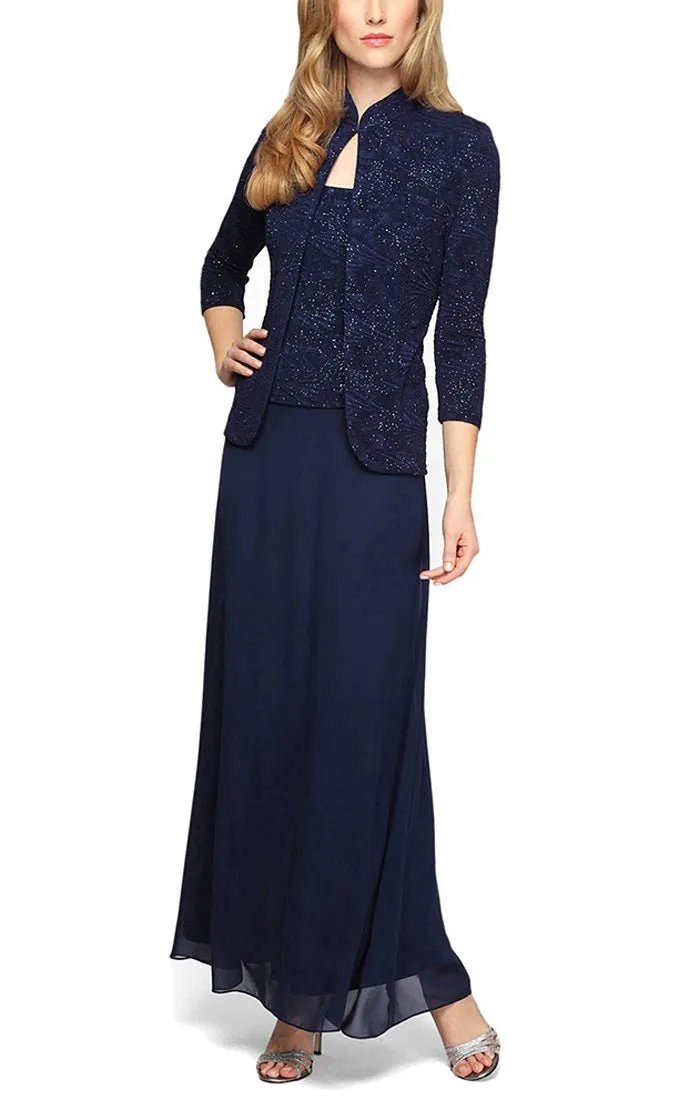 Petite Glitter Jacquard Knit Jacket Dress with Mandarin Neckline