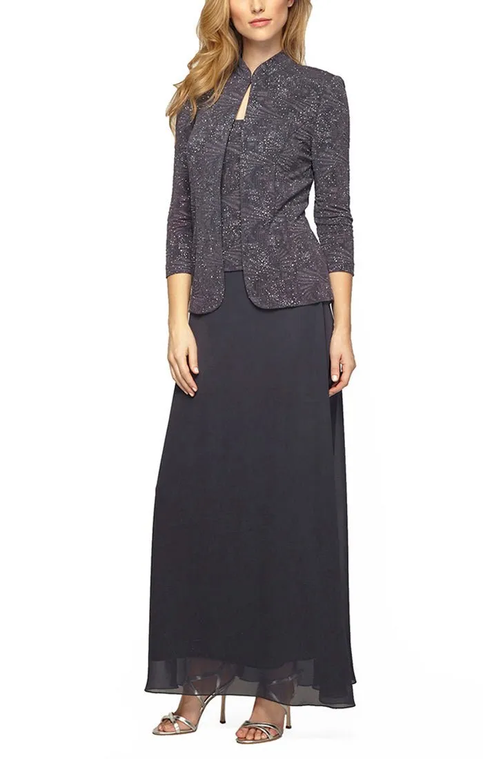 Petite Glitter Jacquard Knit Jacket Dress with Mandarin Neckline