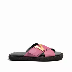 Pink-dark brown women's suede slide sandal