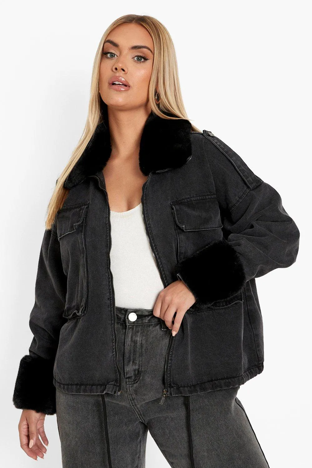 Plus Detachable Faux Fur Trim Denim Jacket