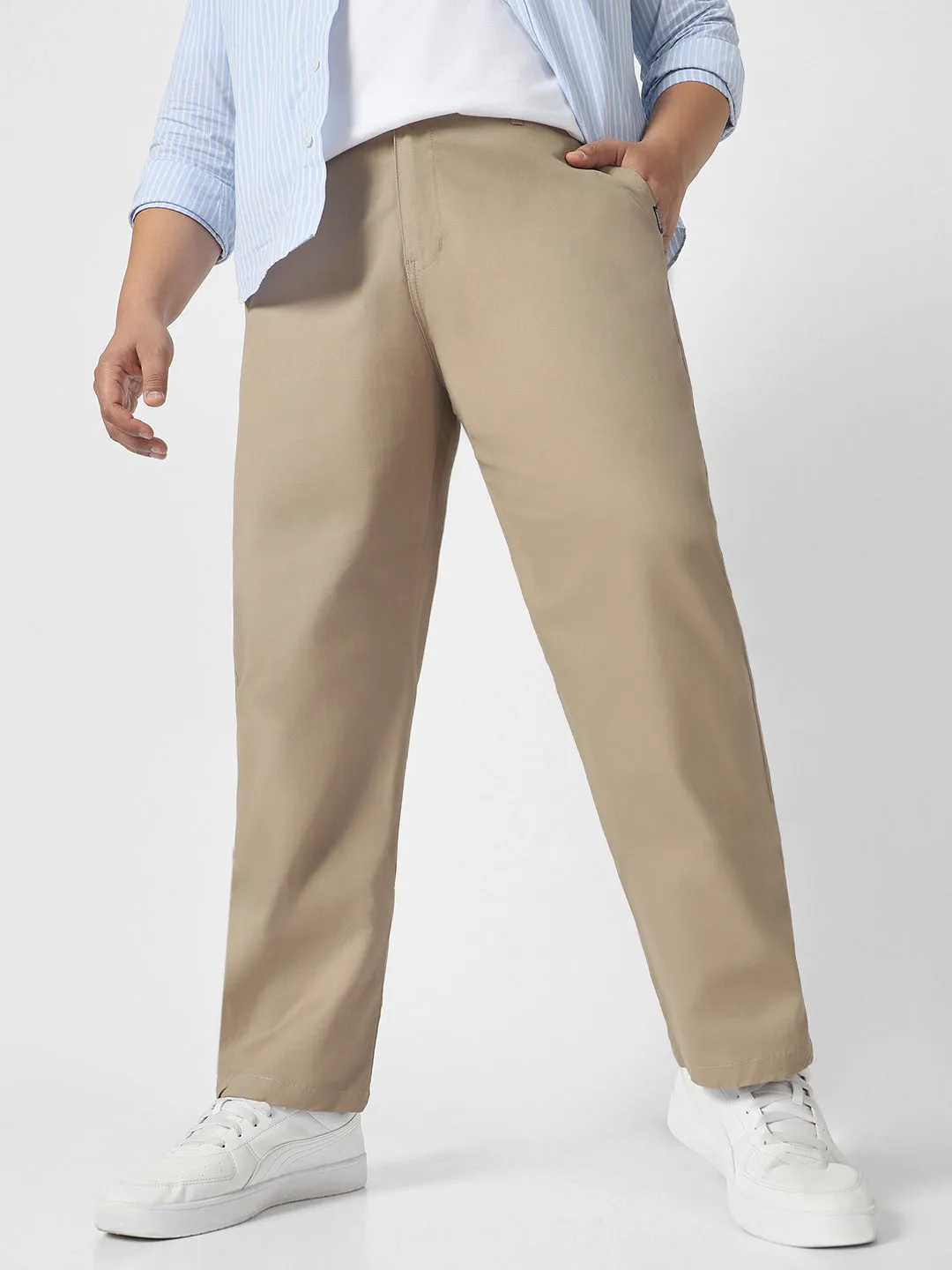 Plus Men's Beige Cotton Regular Fit Casual Chinos Trousers Stretch