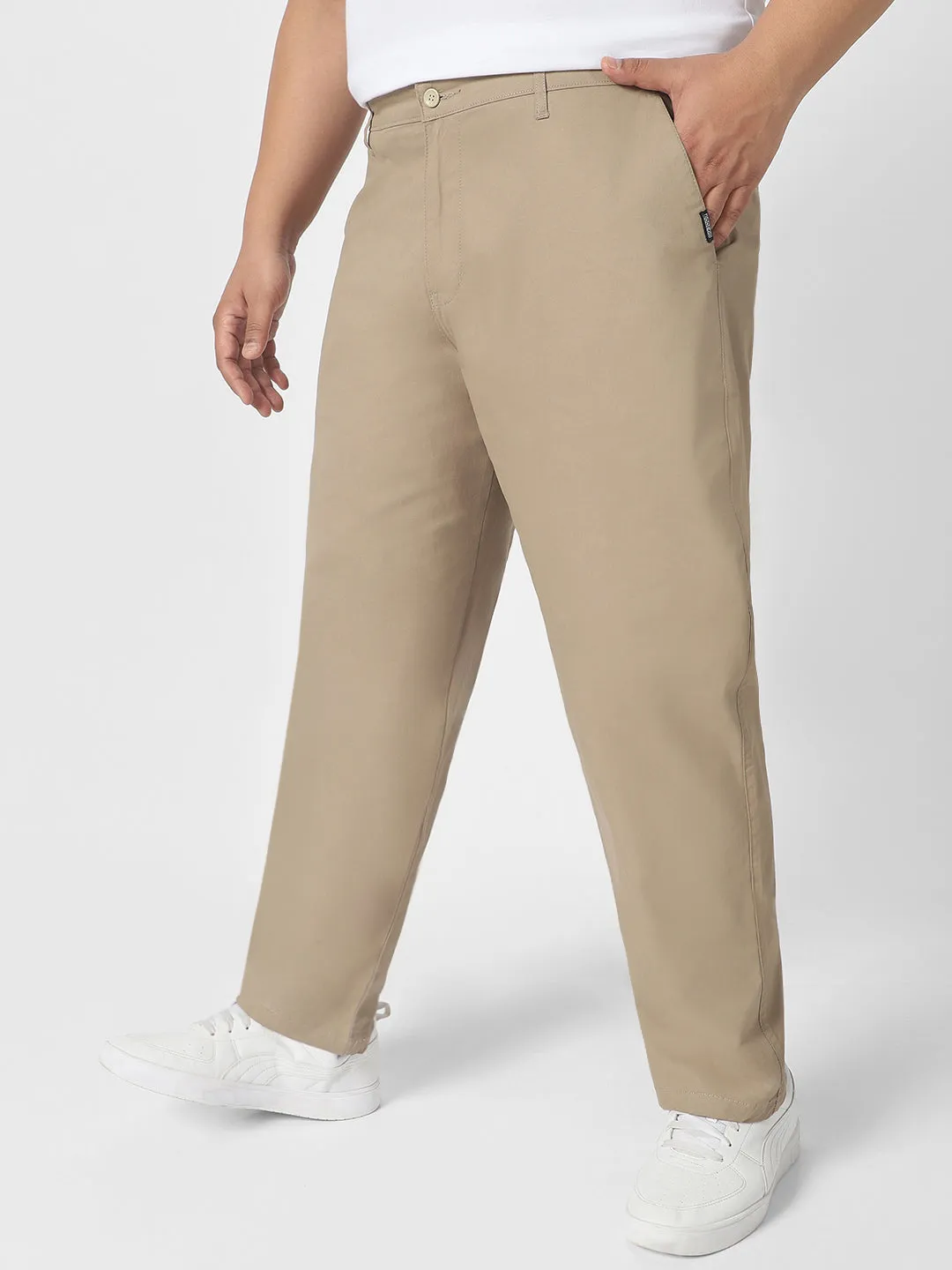 Plus Men's Beige Cotton Regular Fit Casual Chinos Trousers Stretch