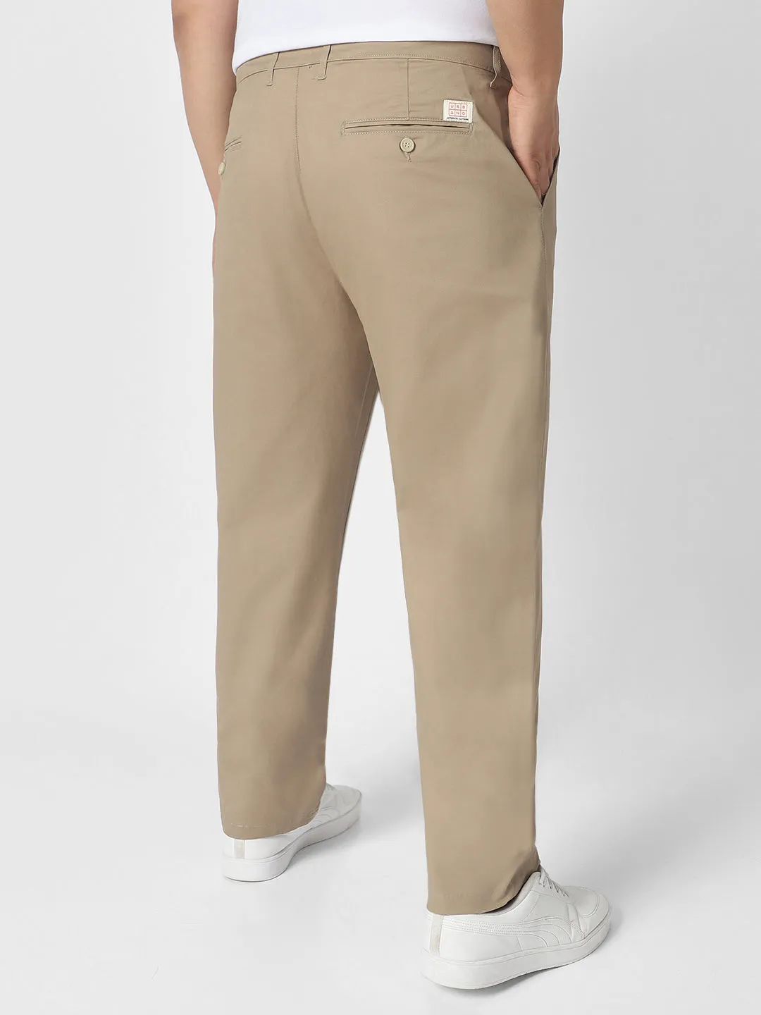 Plus Men's Beige Cotton Regular Fit Casual Chinos Trousers Stretch