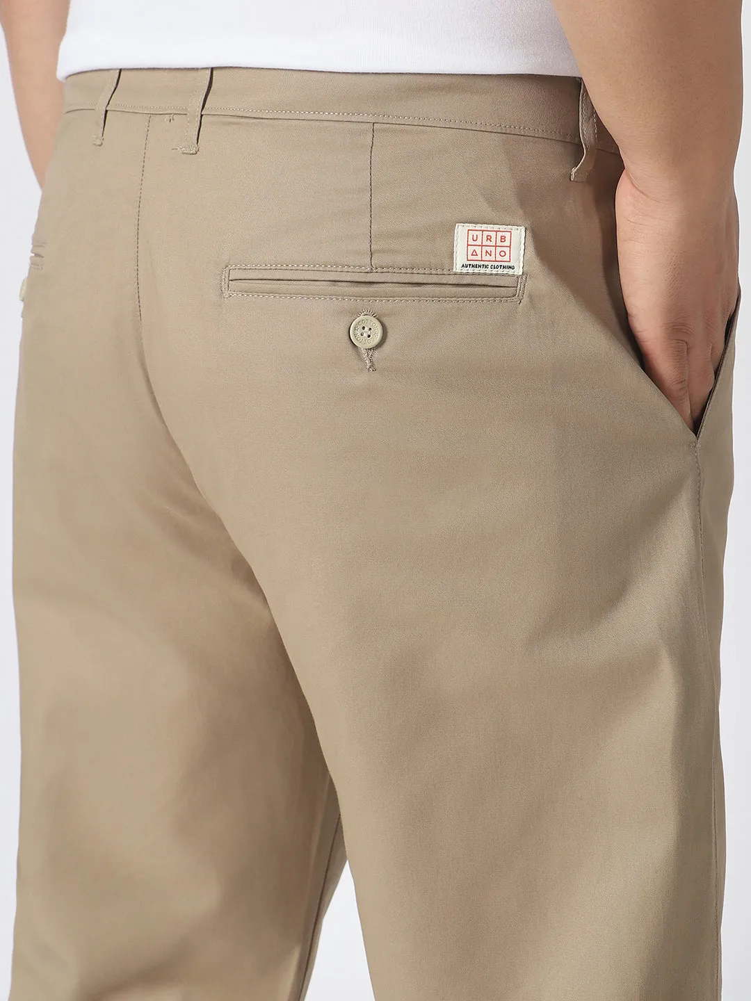 Plus Men's Beige Cotton Regular Fit Casual Chinos Trousers Stretch