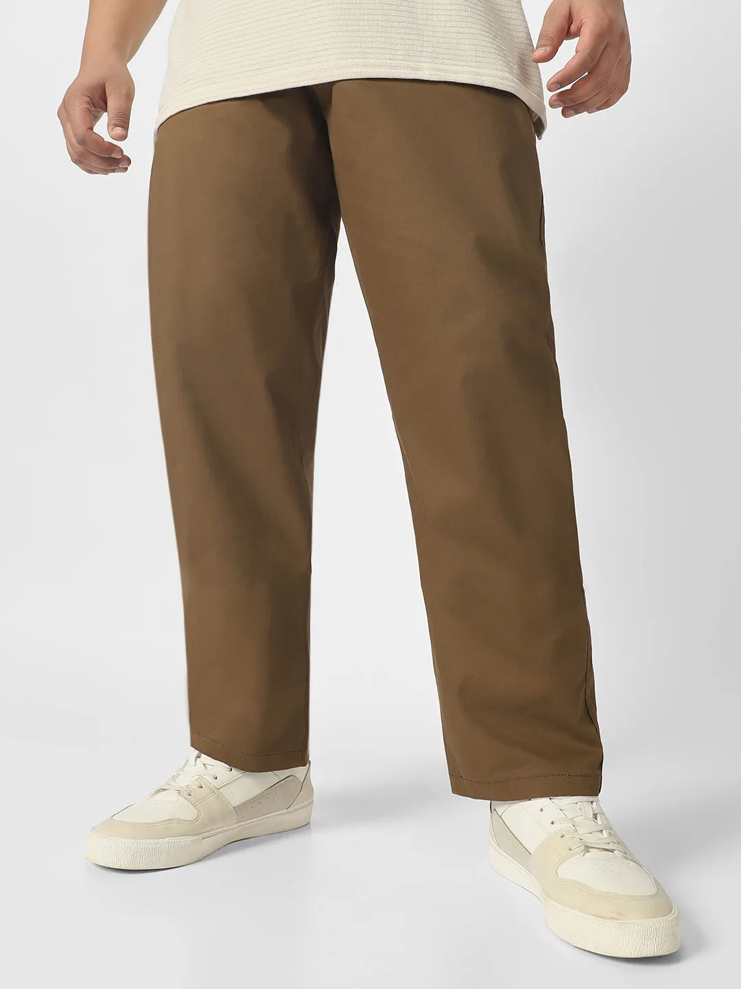 Plus Men's Brown Cotton Regular Fit Casual Chinos Trousers Stretch