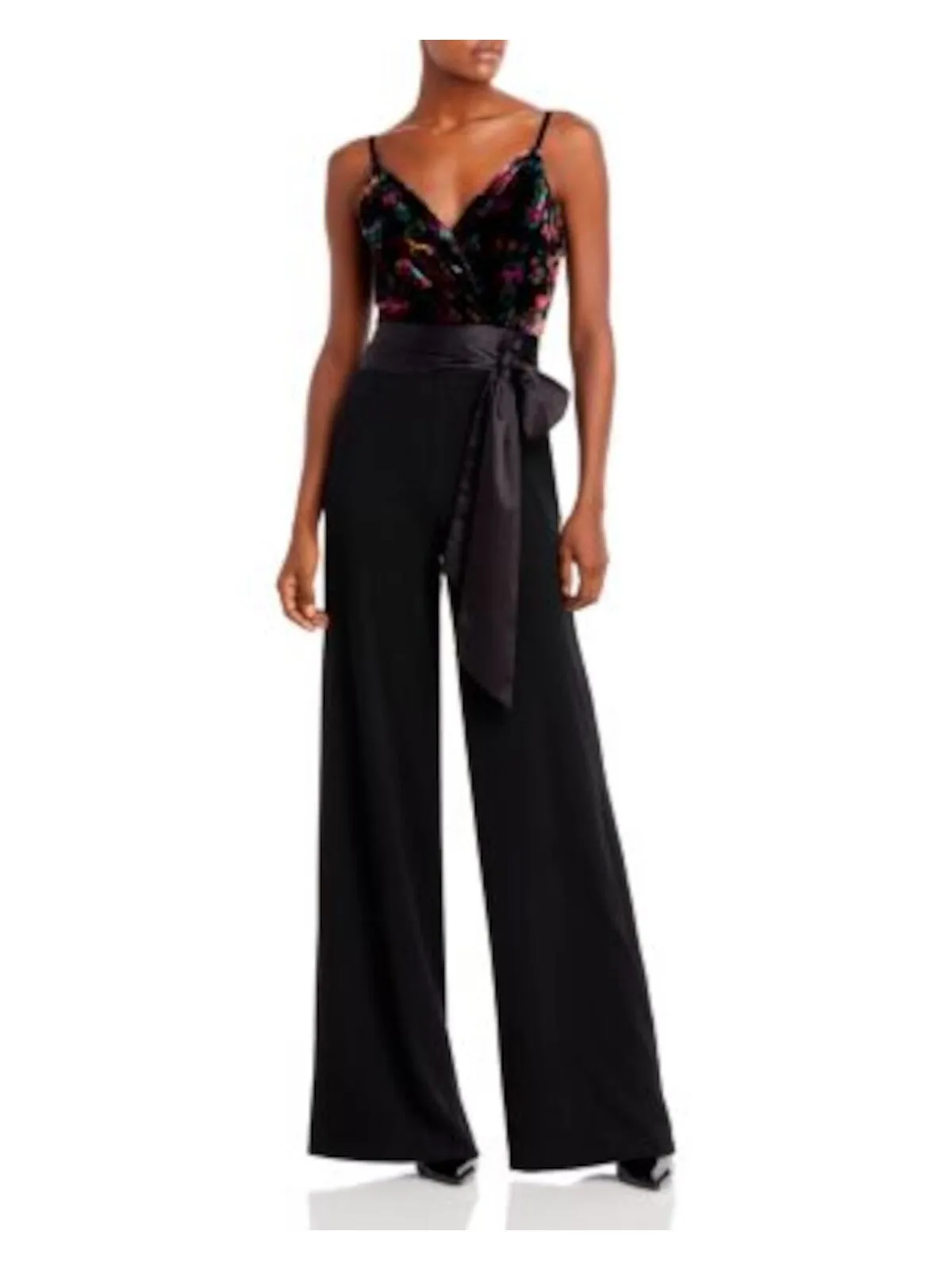 RAMY BROOK Womens Black Zippered Self-tie Sash Spaghetti Strap Surplice Neckline Party Wide Leg Jumpsuit