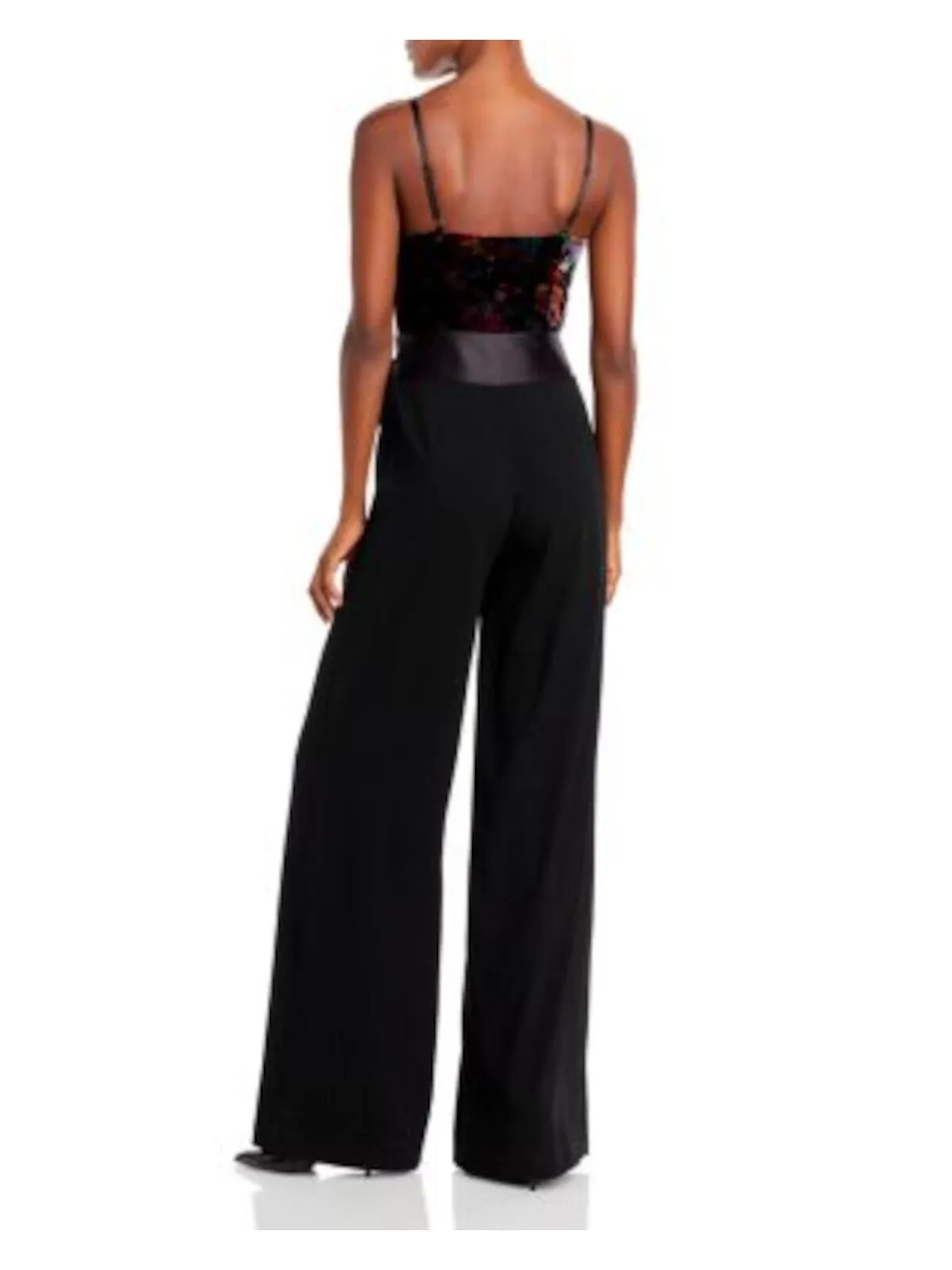 RAMY BROOK Womens Black Zippered Self-tie Sash Spaghetti Strap Surplice Neckline Party Wide Leg Jumpsuit